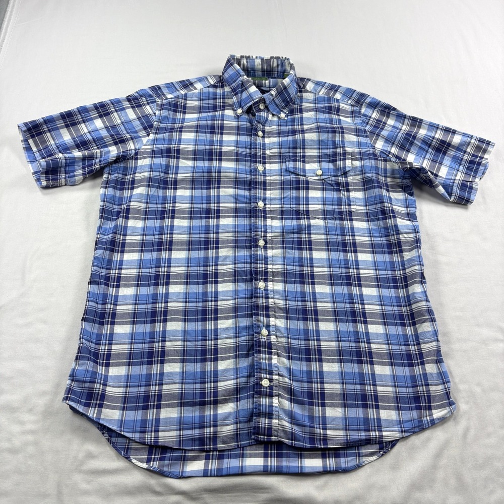 Sid Mashburn Shirt Mens Medium Blue Plaid Button Up Short Sleeve Casual